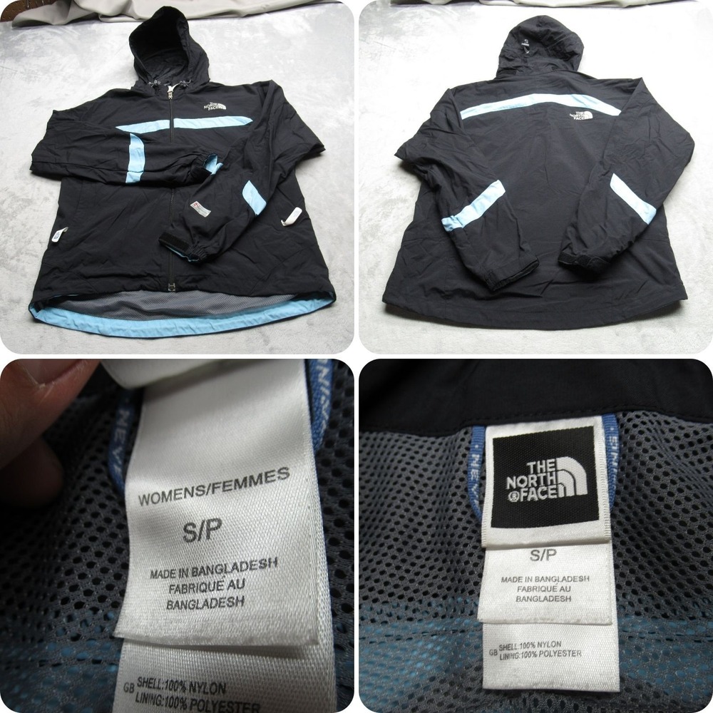North Face Jacket Women Small Black Blue Waterproof FullZip Hood Logo Light Pack